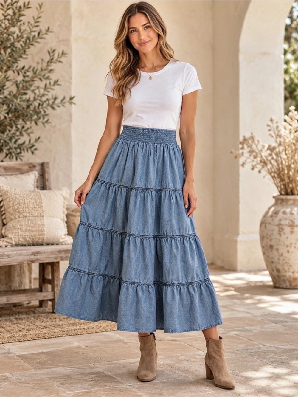 Ashley by 26 International Blue Tiered Boho Maxi Skirt Small